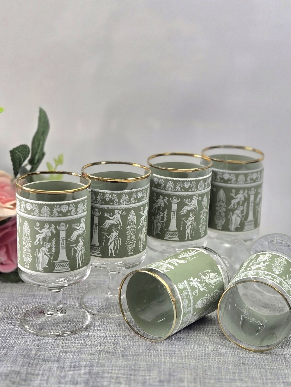 Vtg Hellenic Green Neoclassical Footed Cordial Glasses Set of 6 Federal Glass